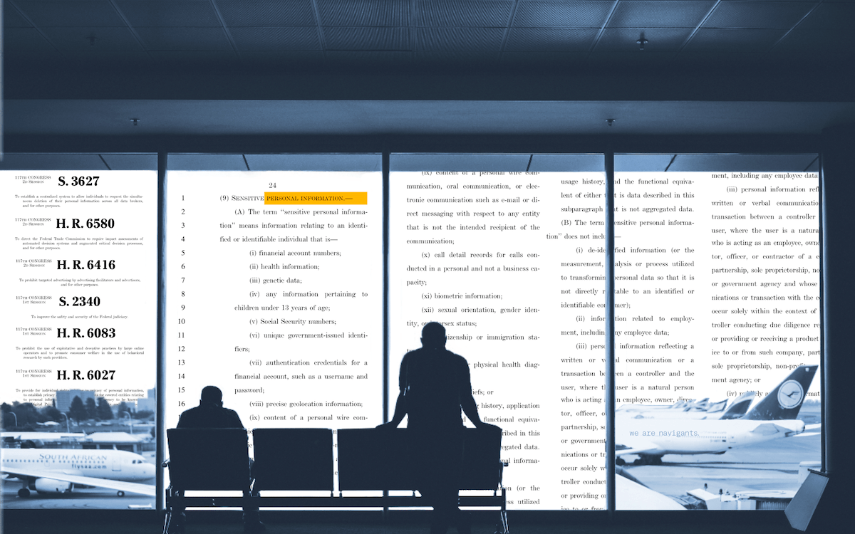 Illustration of two men in silhouette standing and sitting at an airport gate, facing overlook of planes on the tarmac.
